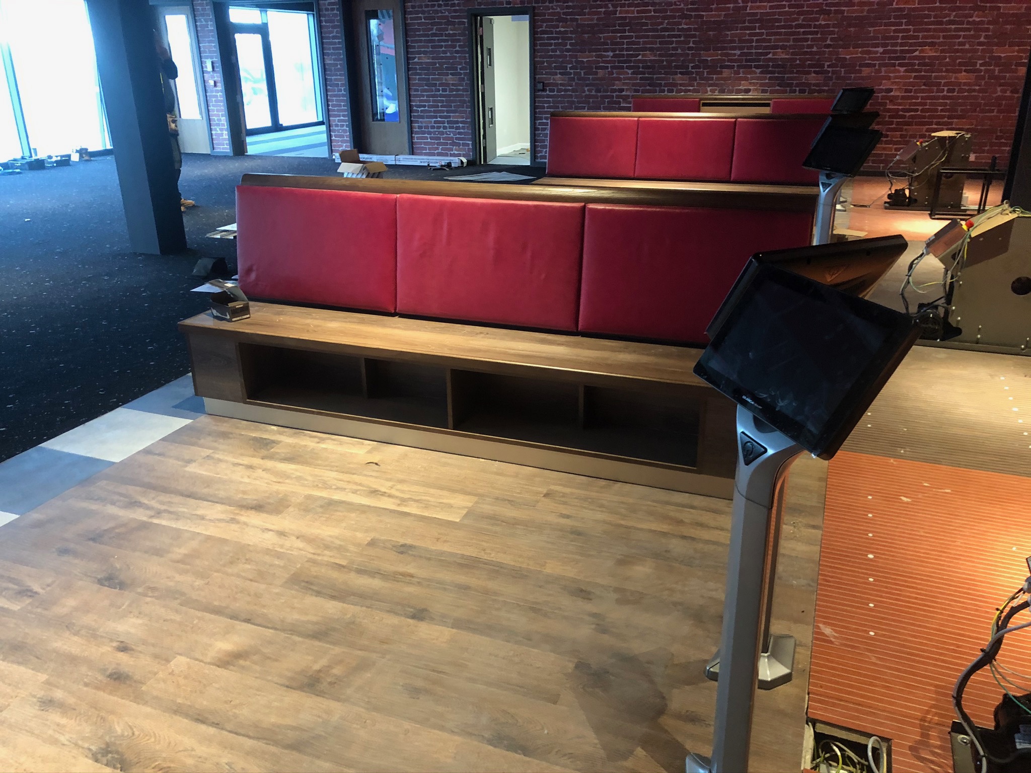 Hollywood Bowl York bespoke seating unit during installation